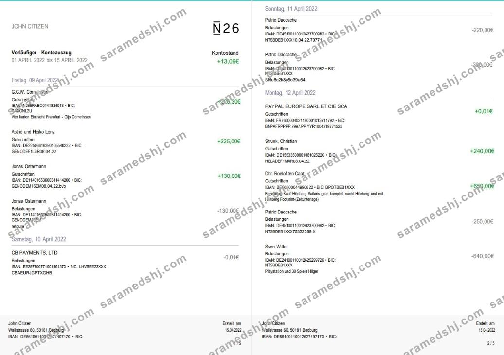 Germany N26 bank statement 5 pages